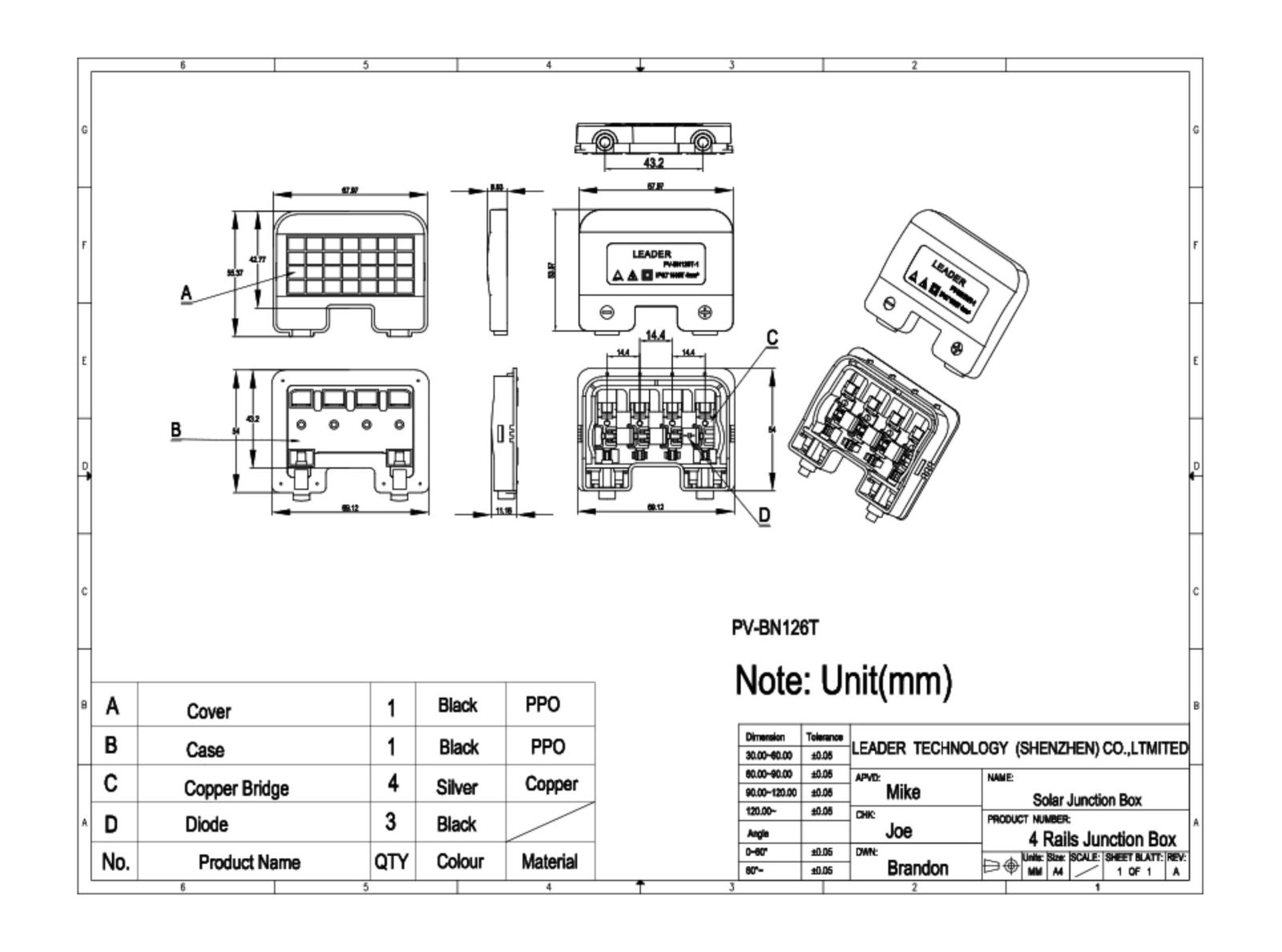 Hộp nối cho tấm pin mặt trời PV-BN126T