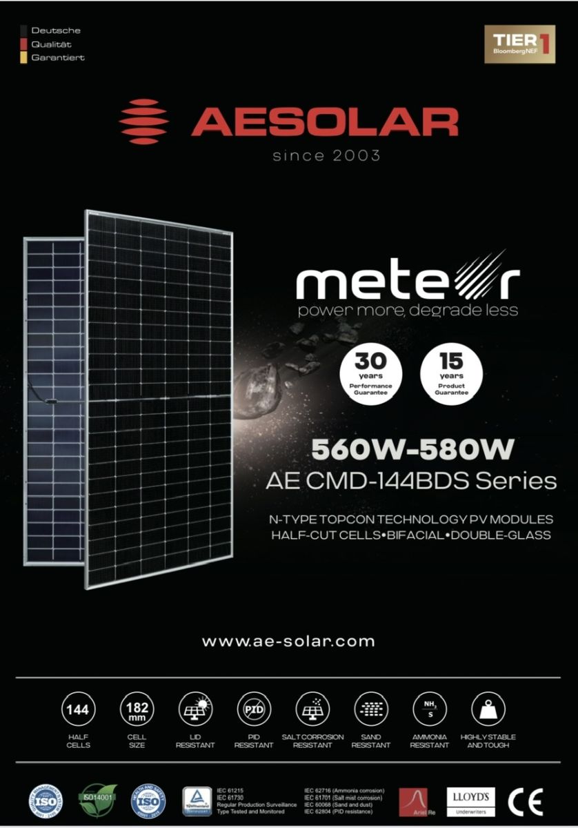 Tấm pin năng lượng mặt trời AE Solar 570W mã sản phẩm AE570CMD-144BDS