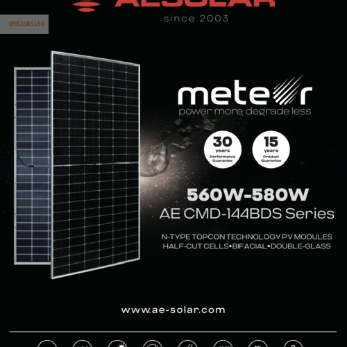 Tấm pin năng lượng mặt trời AE Solar 560W mã sản phẩm AE560CMD-144BDS