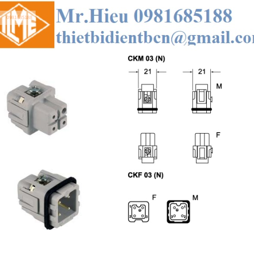 Ruột giắc cắm vuông 3 chân + 1 PE CKFD 03/CKMD 03 ILME